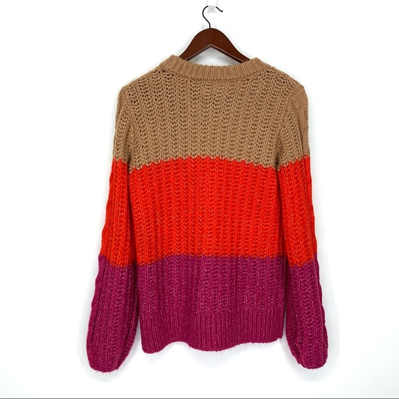 Vero Moda Cozy Soft Wide Cable Knit Vibrant Colorblock Striped Crewneck Sweater - Picture 2 of 15